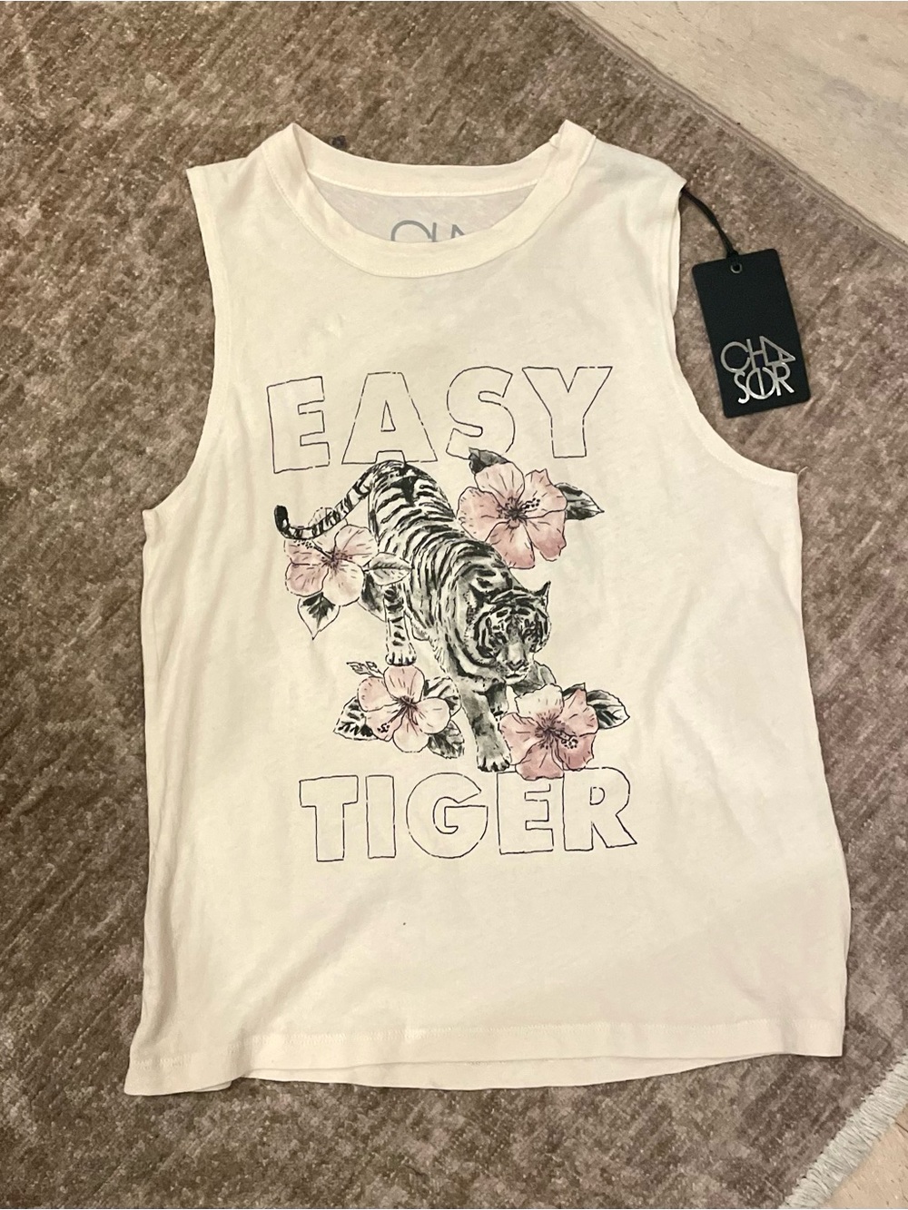 Chaser 'Easy Tiger' Graphic Muscle Tee - White with Pink Floral Small